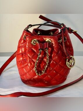 Michael Kors Frankie Small Red Quilted Leather Drawstring Bucket Bag